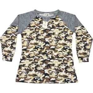 Andthewhy Los Angeles Camo Raglan Sleeve Top Brown Tan Grey Small ATW10677